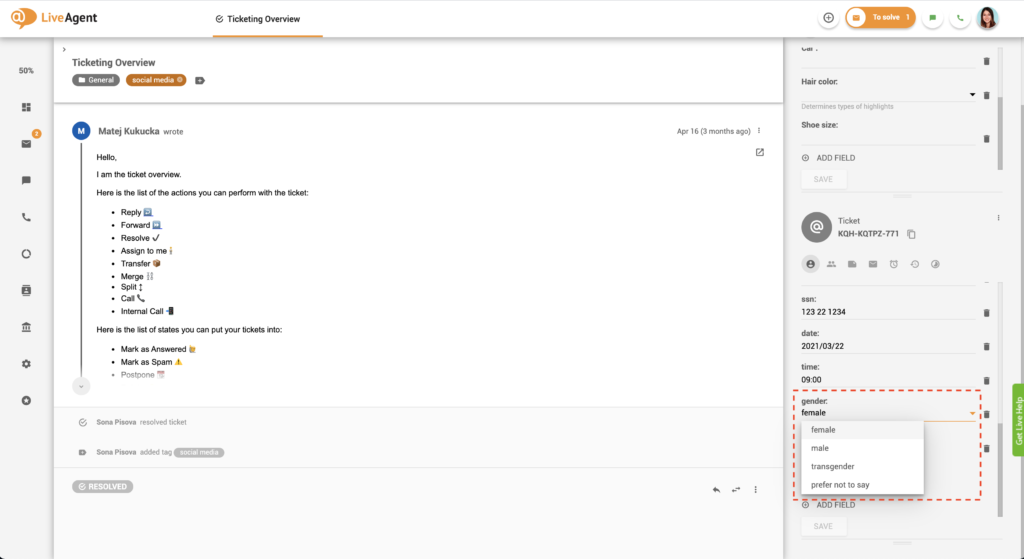 Exempel på listruta för ärendefält
