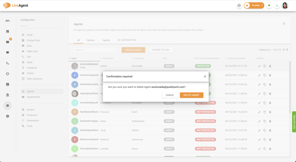 Bekräftelse av borttagning av agent