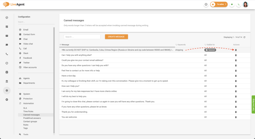 Ta bort ett konserverat meddelande