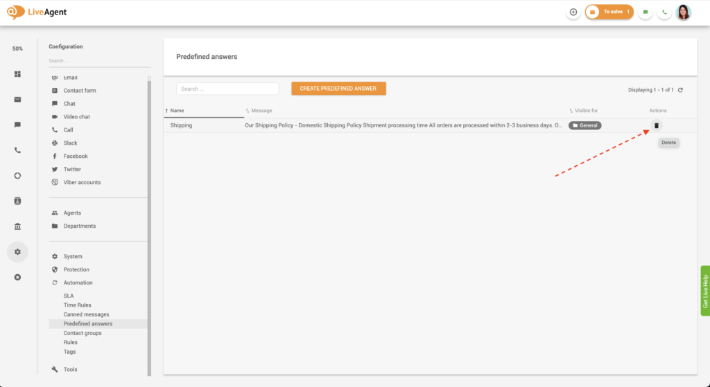 Ta bort fördefinierat svar i LiveAgent