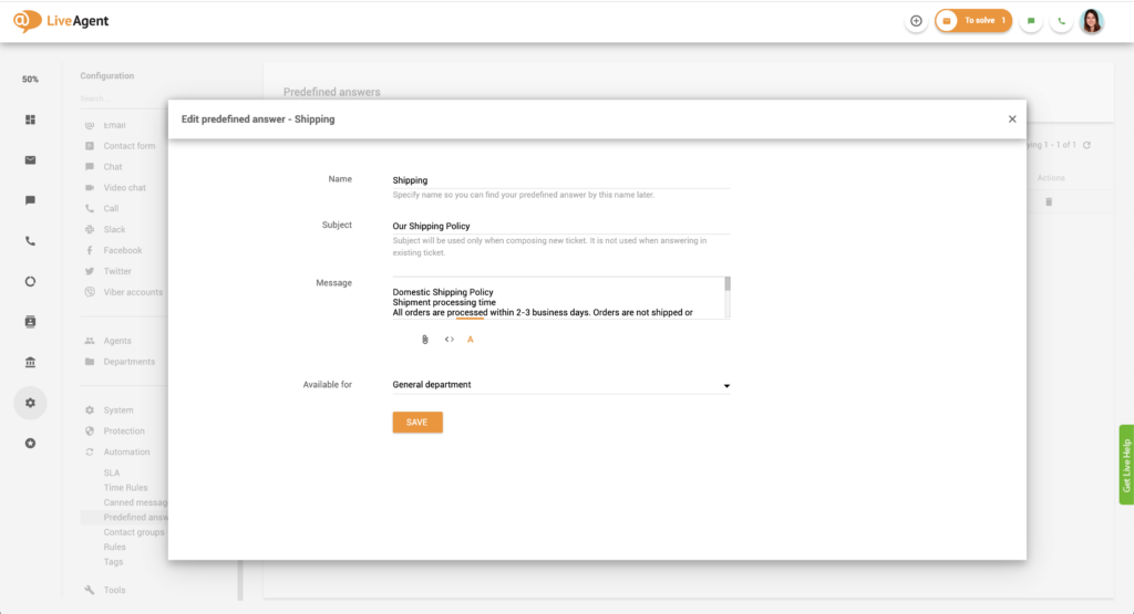 Redigera fördefinierade svar i LiveAgent