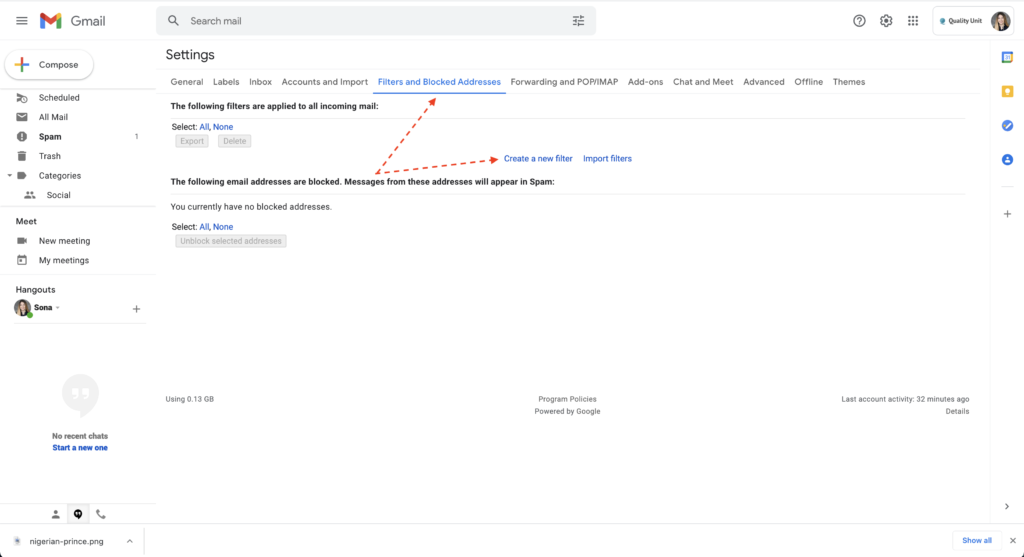 Gmail spam filtering example 1
