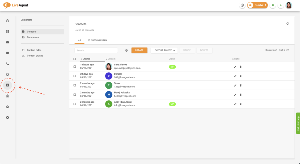 Hitta kontakter i LiveAgent
