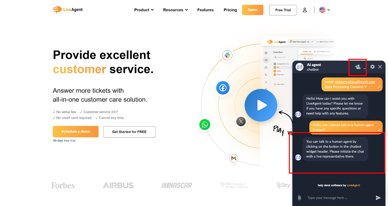 LiveAgent Chatbot Human Handoff Feature