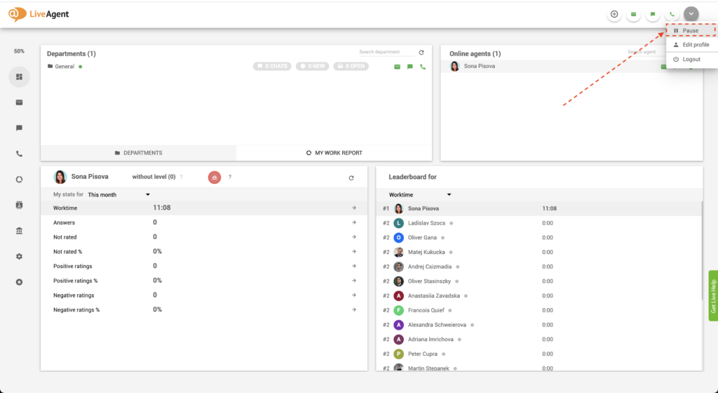 LiveAgent - pausknapp