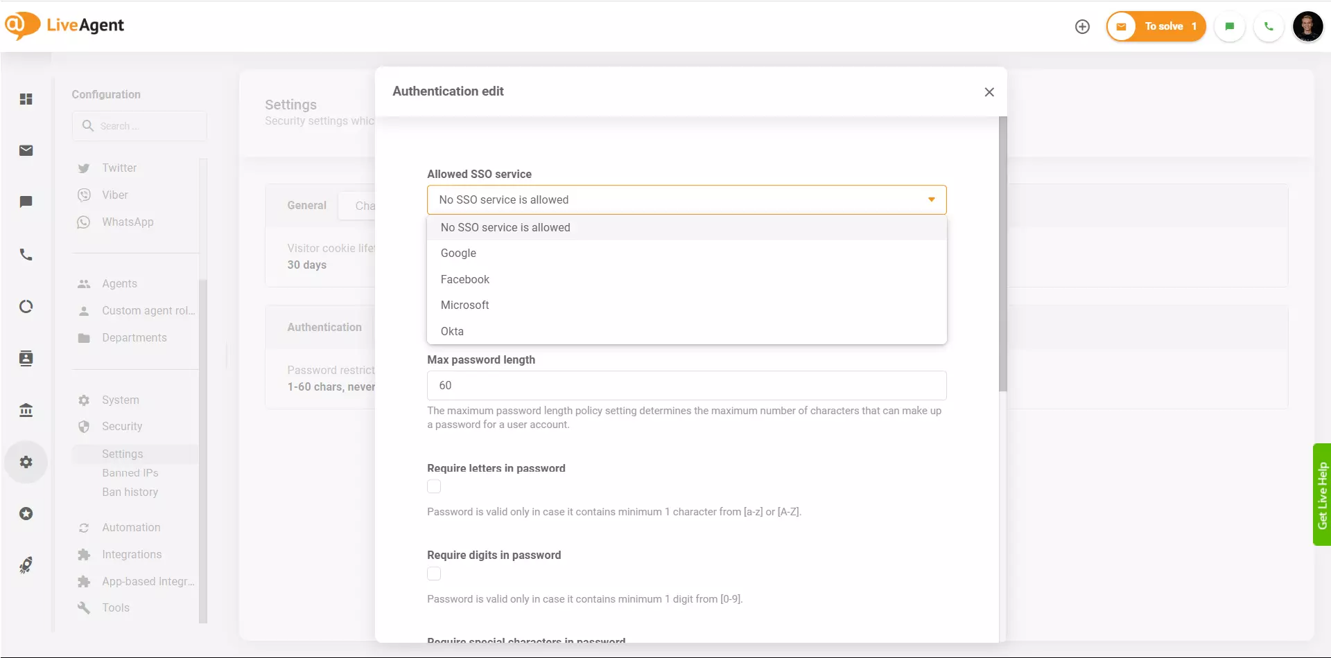 LiveAgent - SSO-leverantörer
