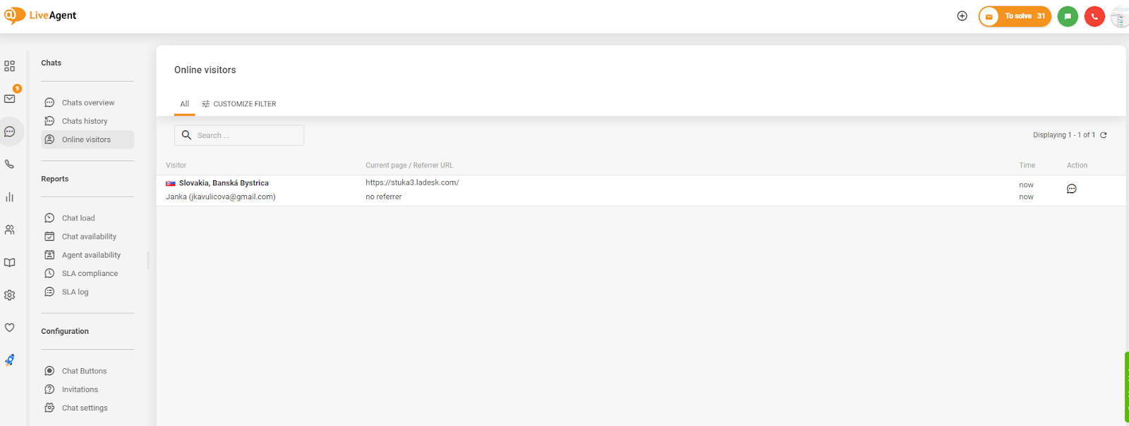 Skärmdump av spårning av webbplatsbesökare i LiveAgent
