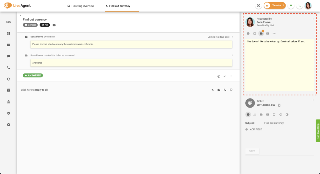 Anteckningar i ärenden - LiveAgent