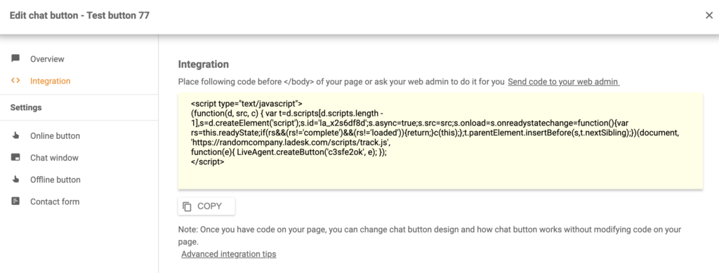 Shift4shop LiveAgent integrationskod