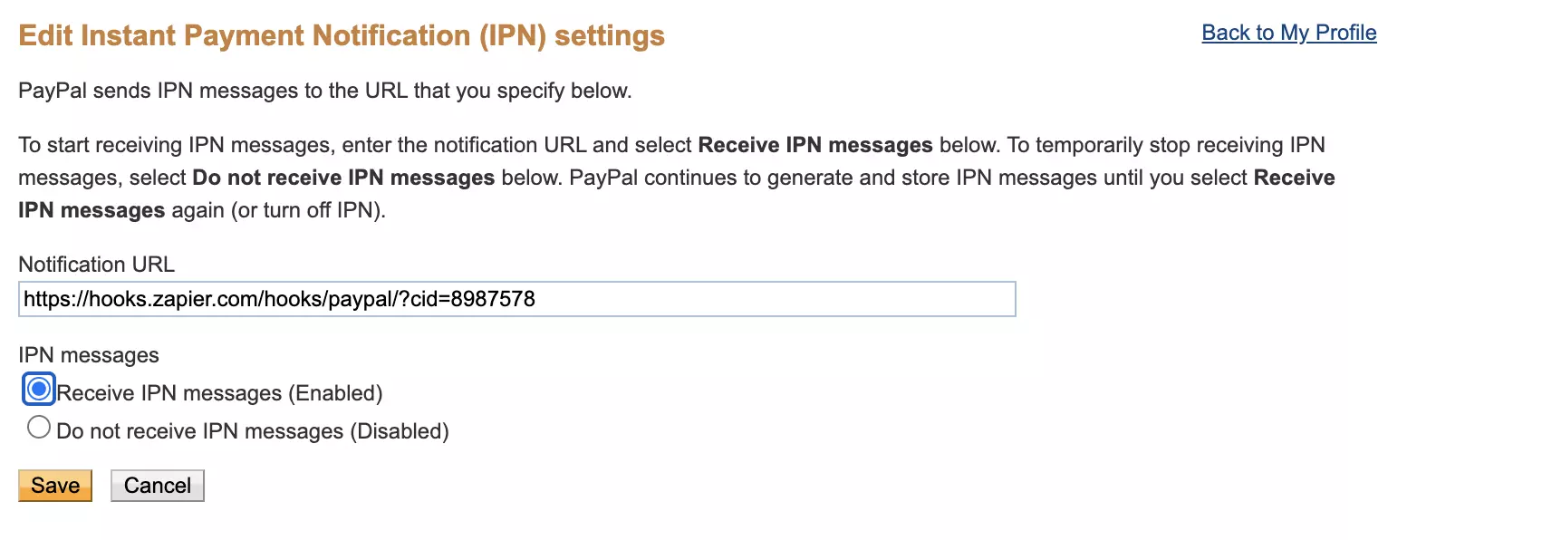 Instant Payment Notification-inställningsavsnittet i PayPal