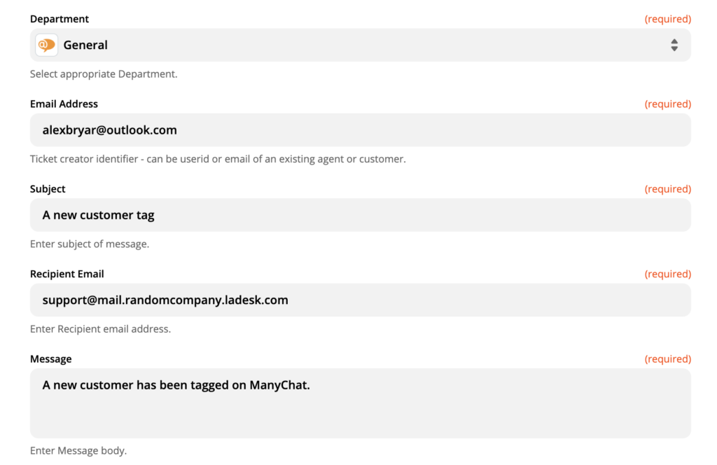 LiveAgent-åtgärdskonfiguration på Zapier