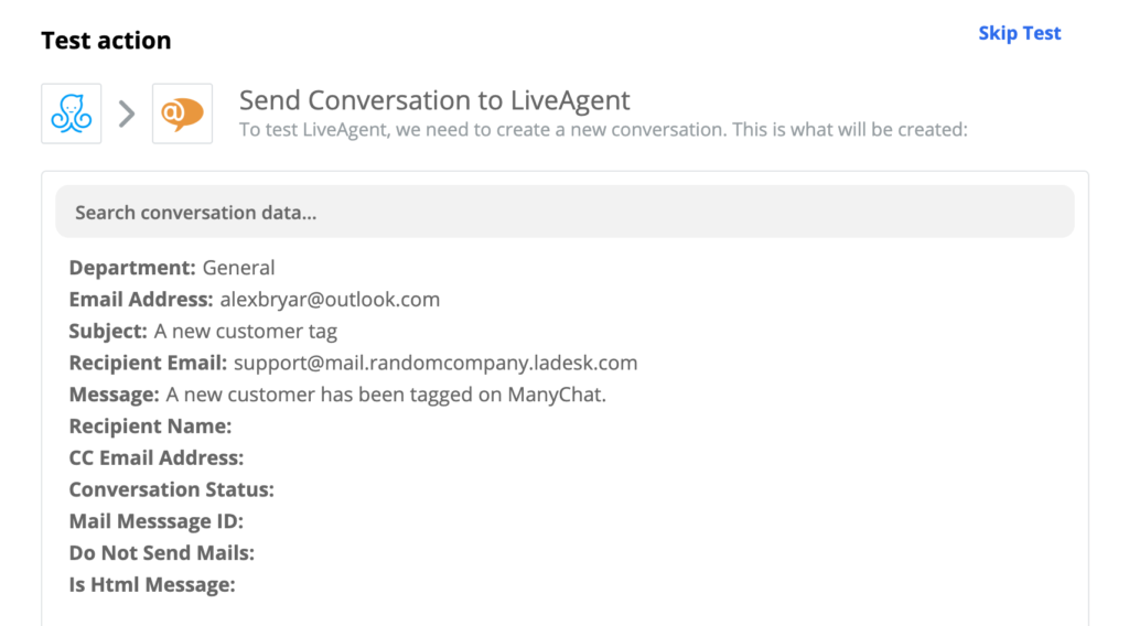 Lyckat test av en ManyChat- och LiveAgent-integration