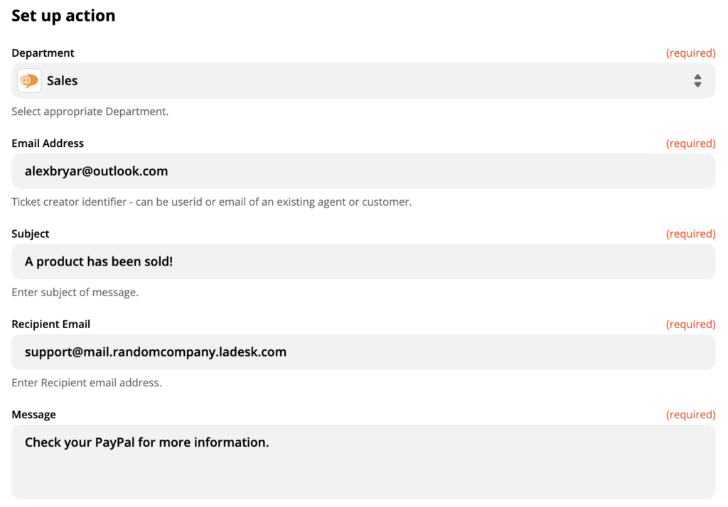 En konfiguration av LiveAgent-åtgärden Create new conversation