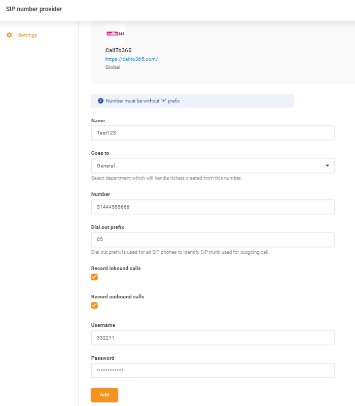 Inmatning av CallTo365-autentiseringsuppgifter