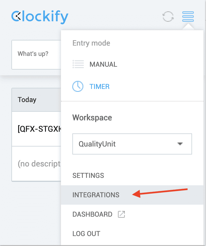 Clockify-integrationsmeny