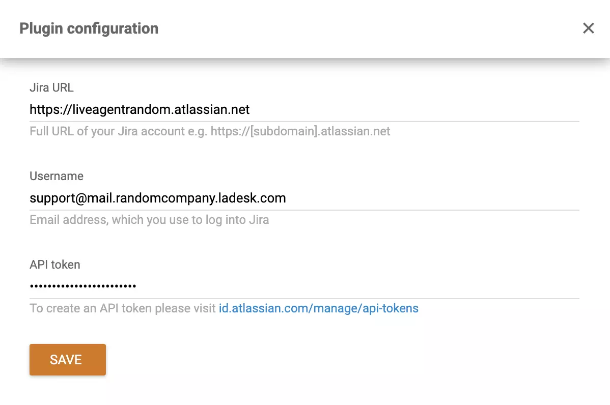 Jira plugin-konfigurationsfönster i LiveAgent-inställningar