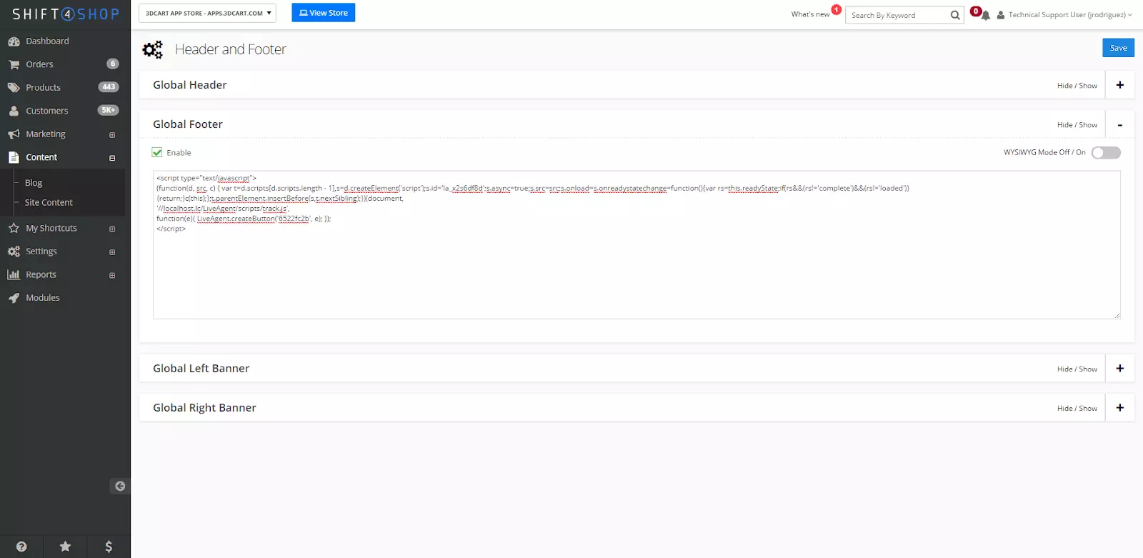 Shift4Shop-inställningar med kodanpassningsalternativ