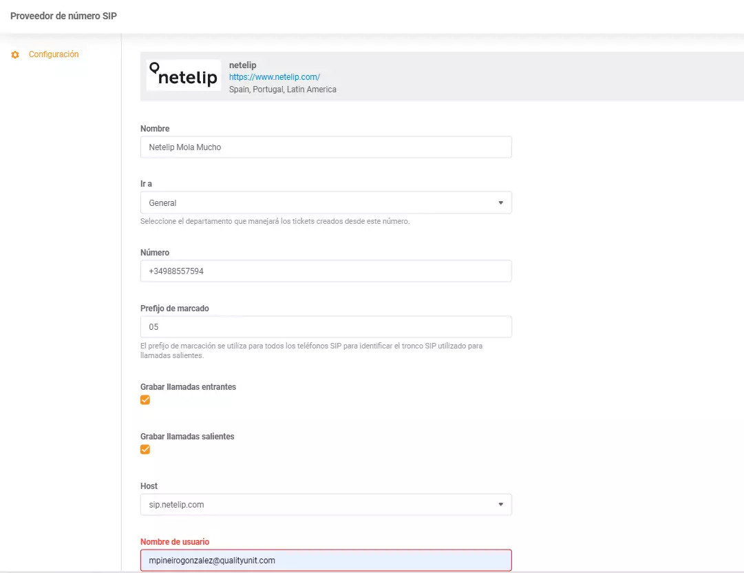 Netelip LiveAgent-integrationsuppgifter