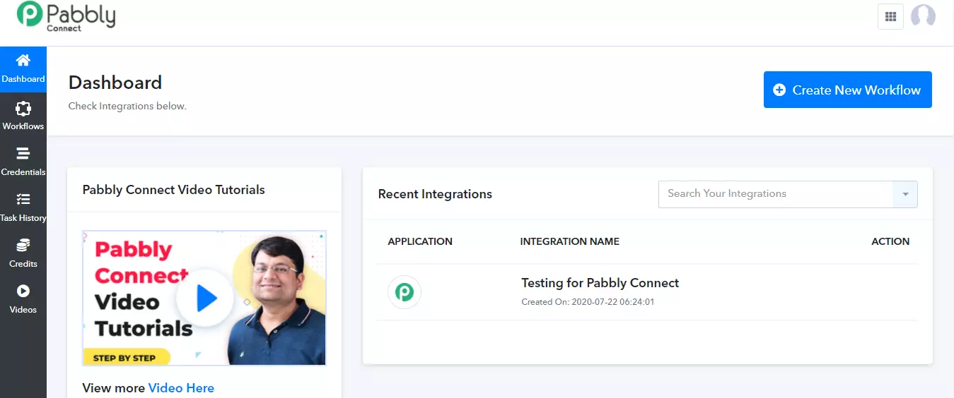 Pabbly Connect användarinstrumentpanel