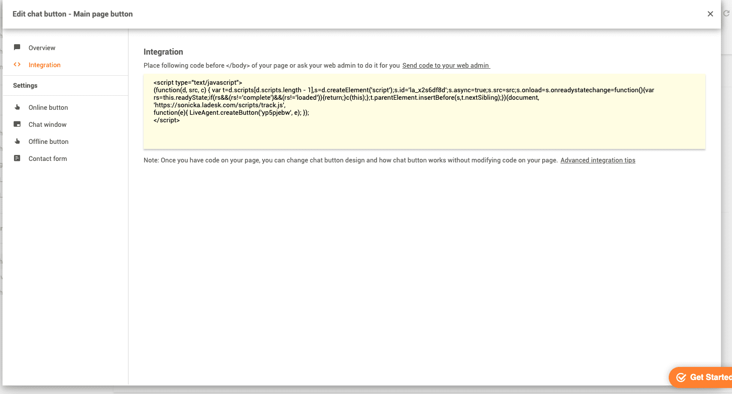 Plats för LiveAgent chattknappkod
