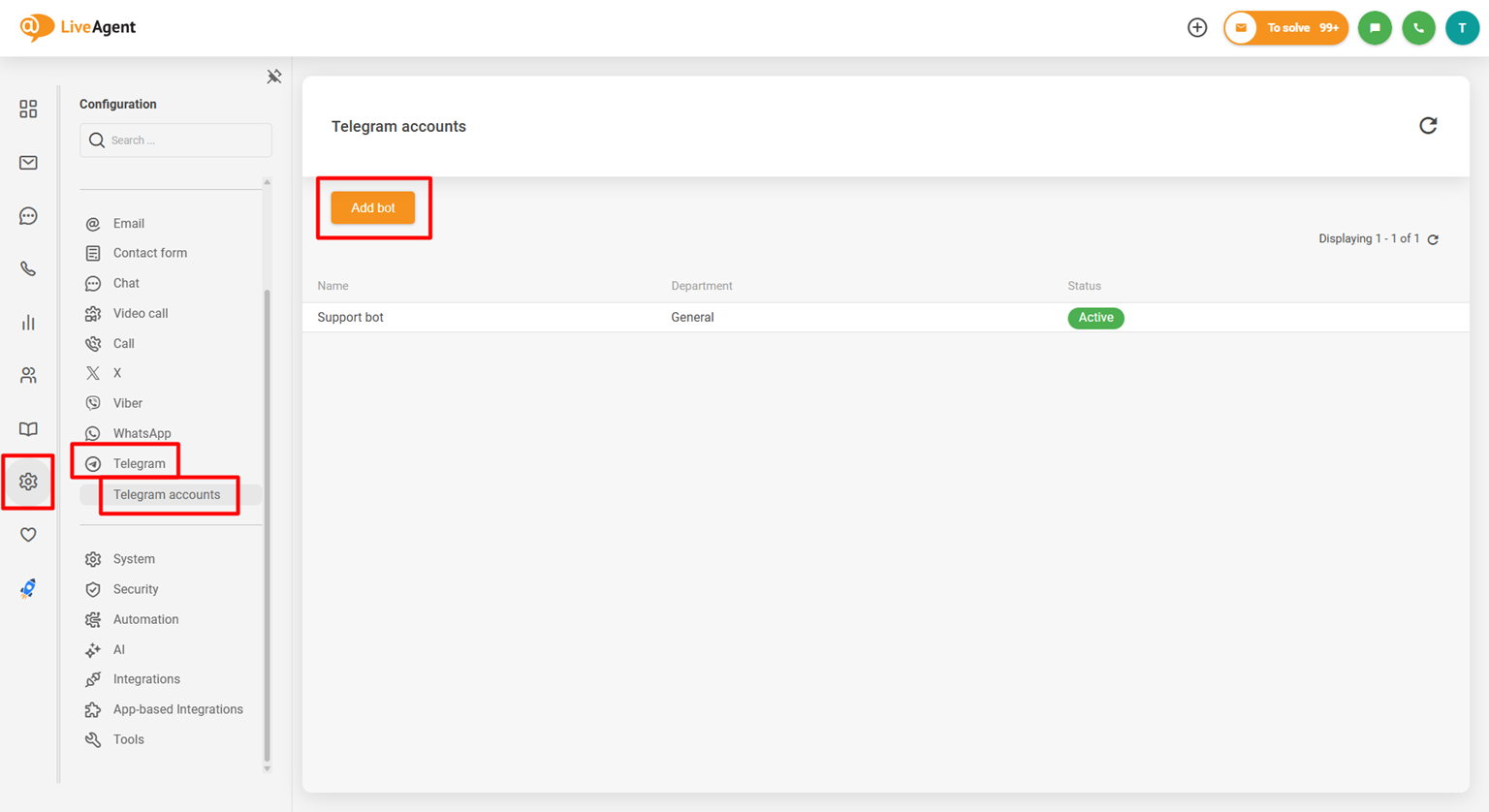 Skärmbild av LiveAgent Telegram-integrationskonfigurationspanel som visar knappen Lägg till bot