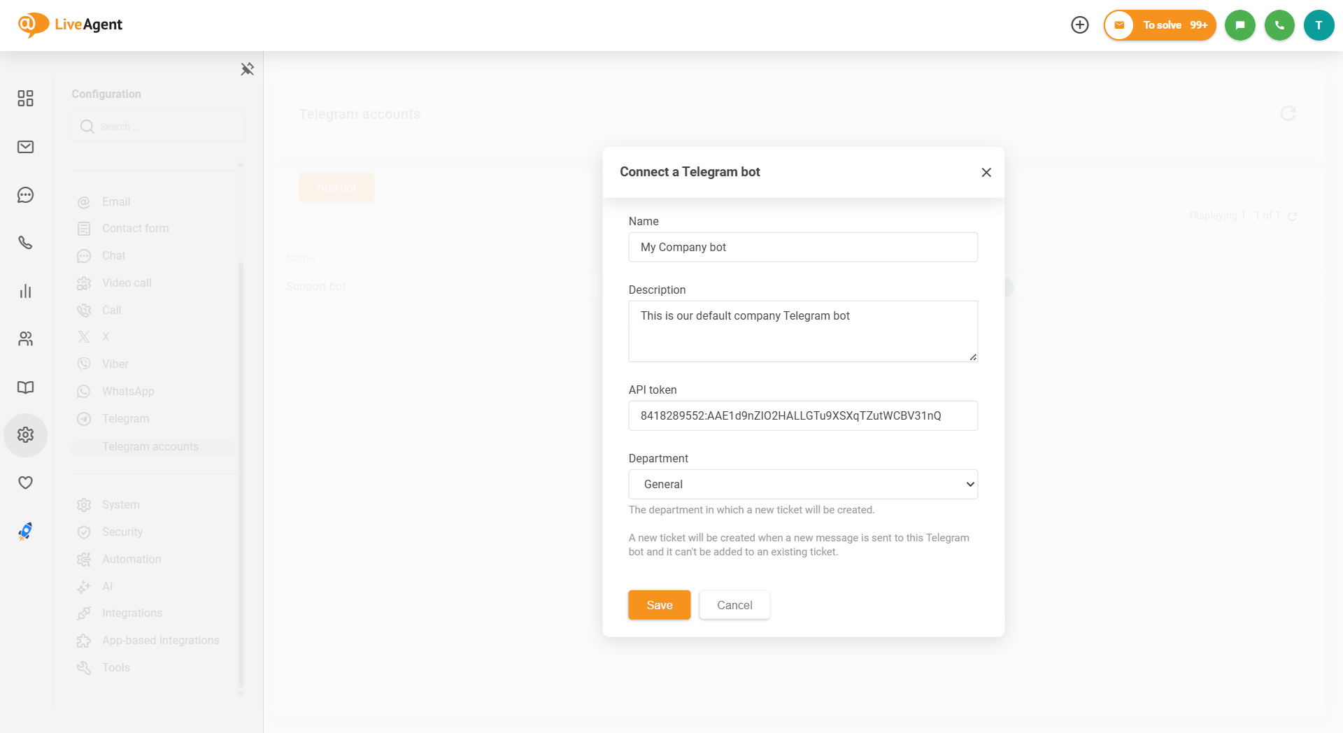 Skärmbild av LiveAgent Telegram-integration hur man ansluter bot