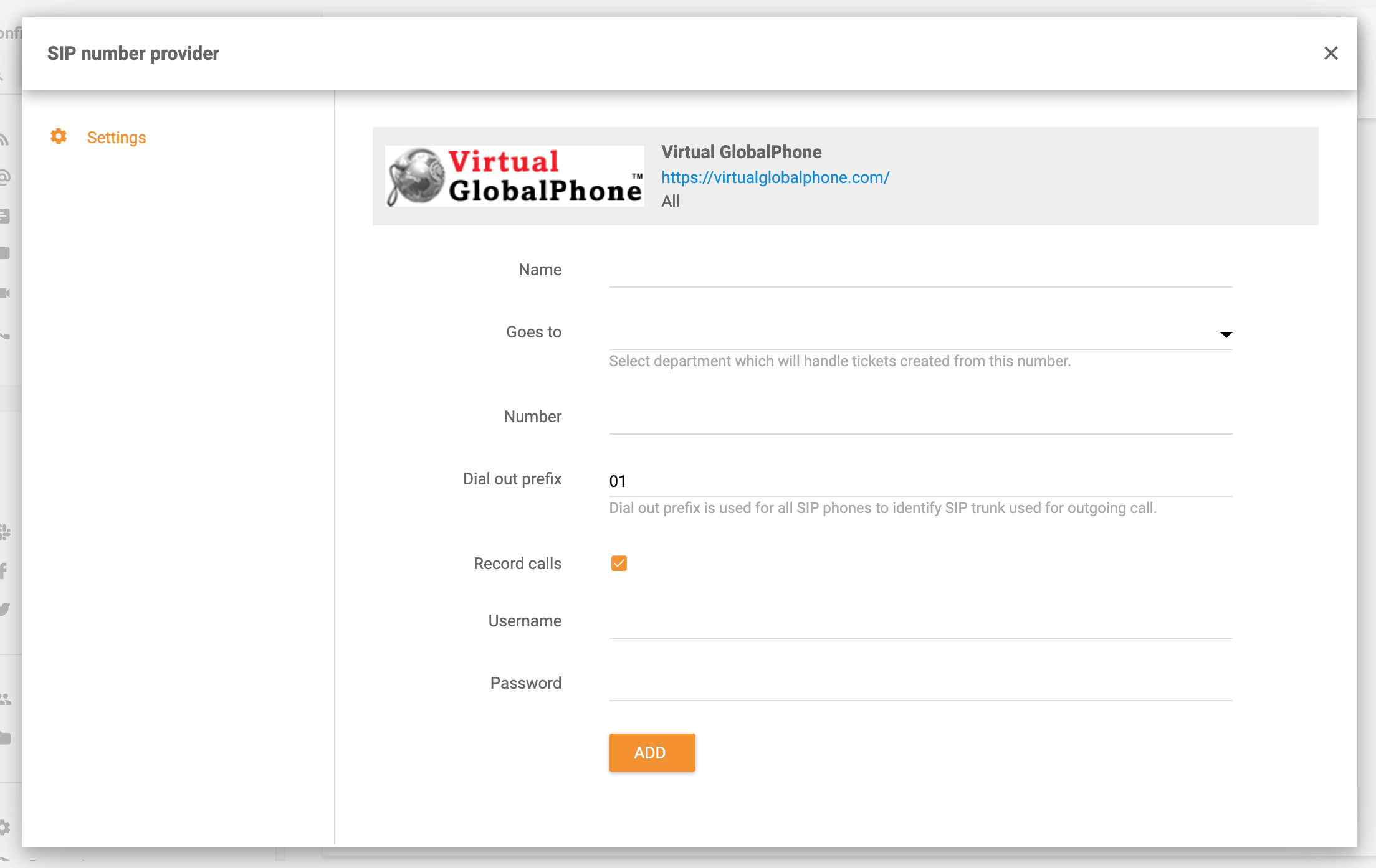 Virtual Global Phone-integration i LiveAgent