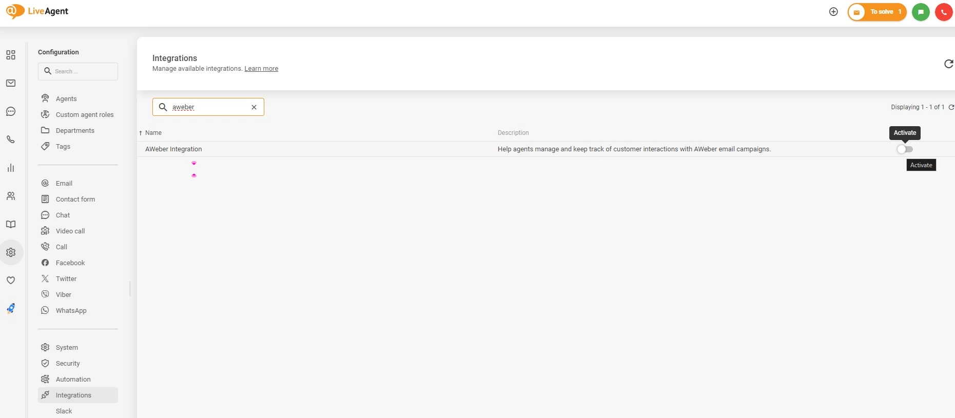 Aktivera AWeber-integration i LiveAgent