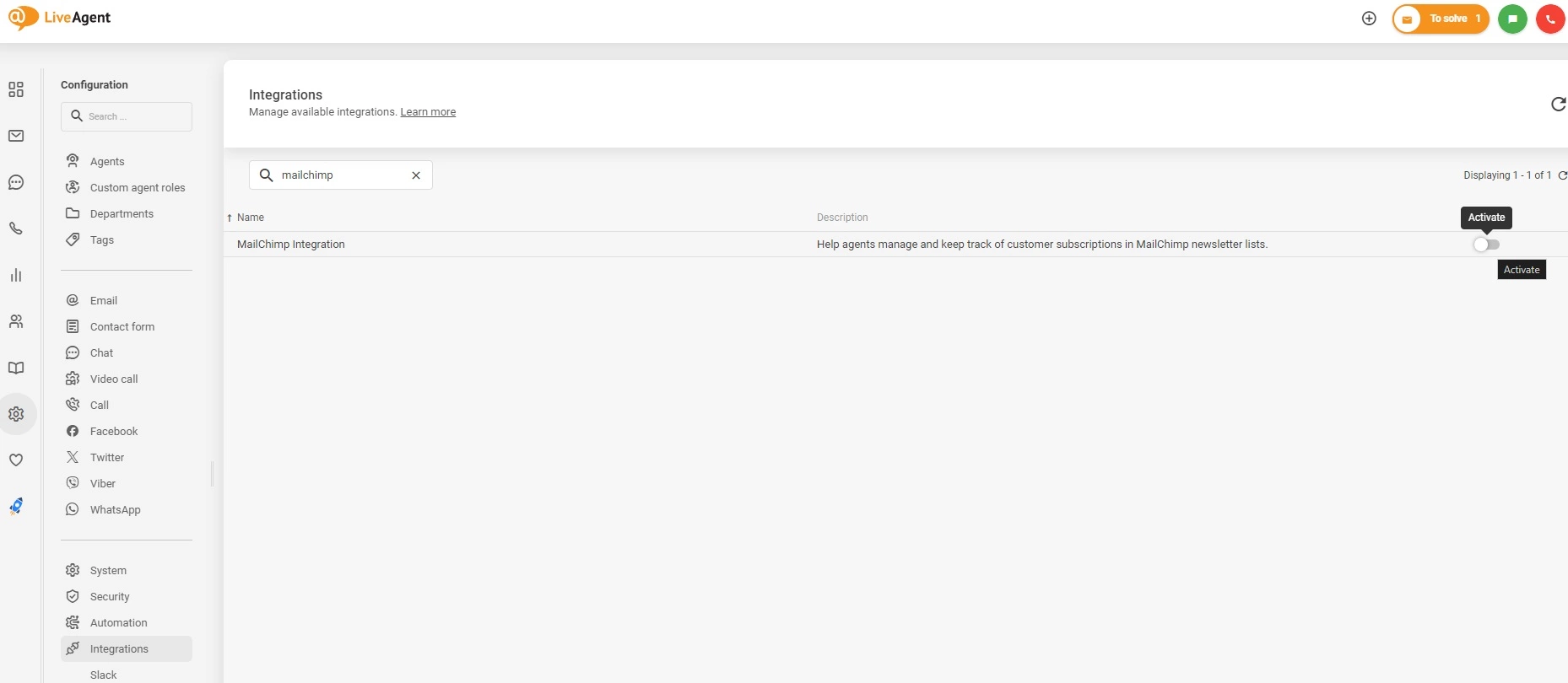 Activate Mailchimp integration in LiveAgent