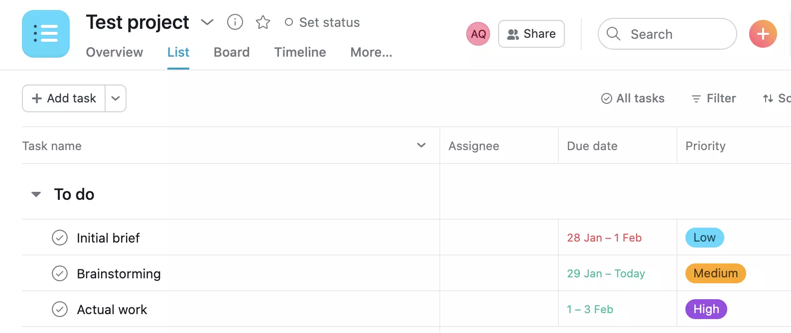 Asana projektexempel