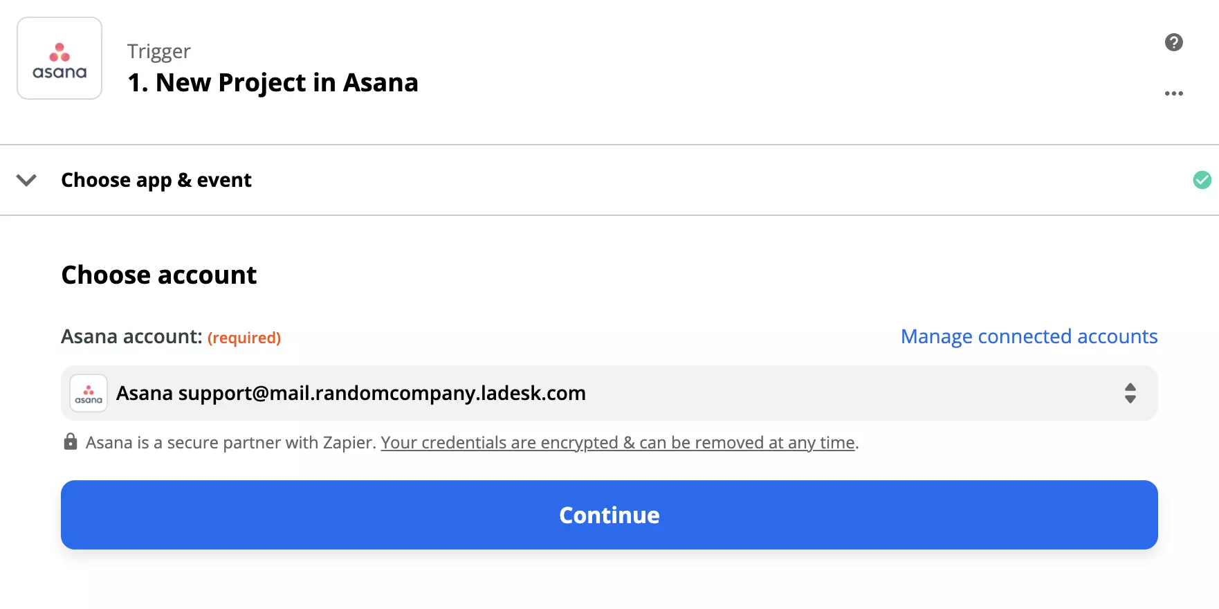 Asana trigger-konfiguration på Zapier