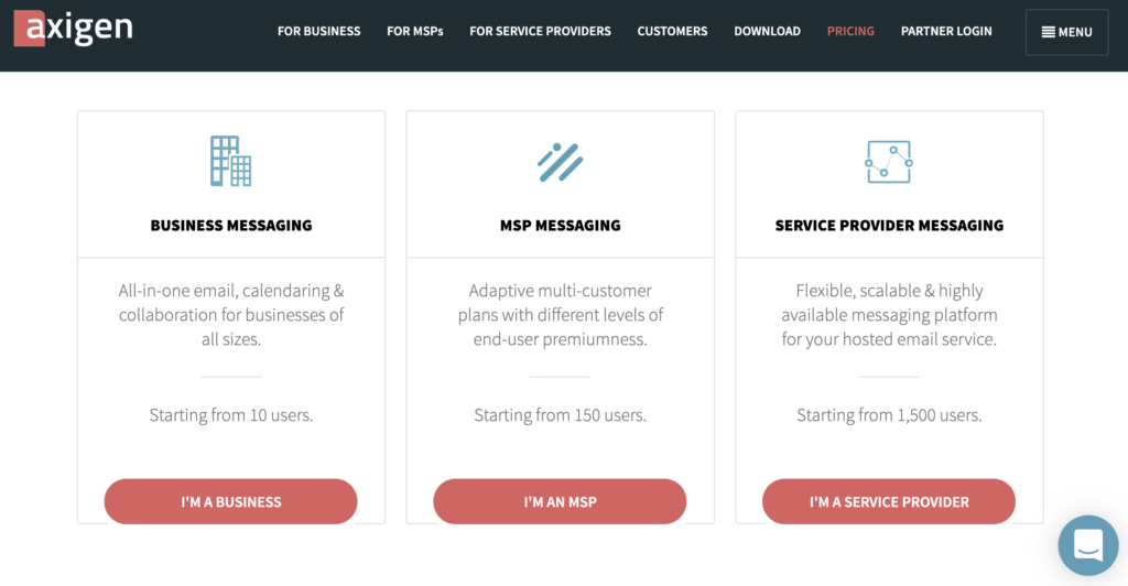 Axigen webbplats med prisplaner
