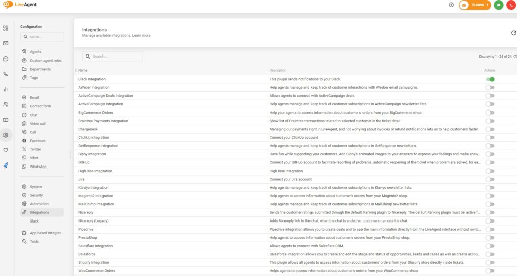 Aktivera integrationer i LiveAgent