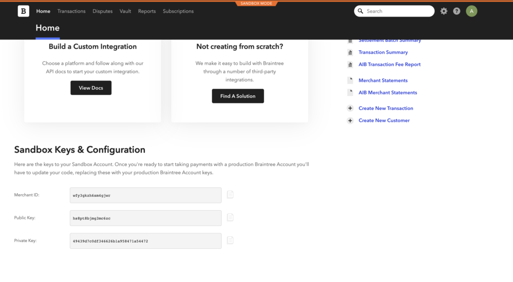 Keys & Configuration i Braintree