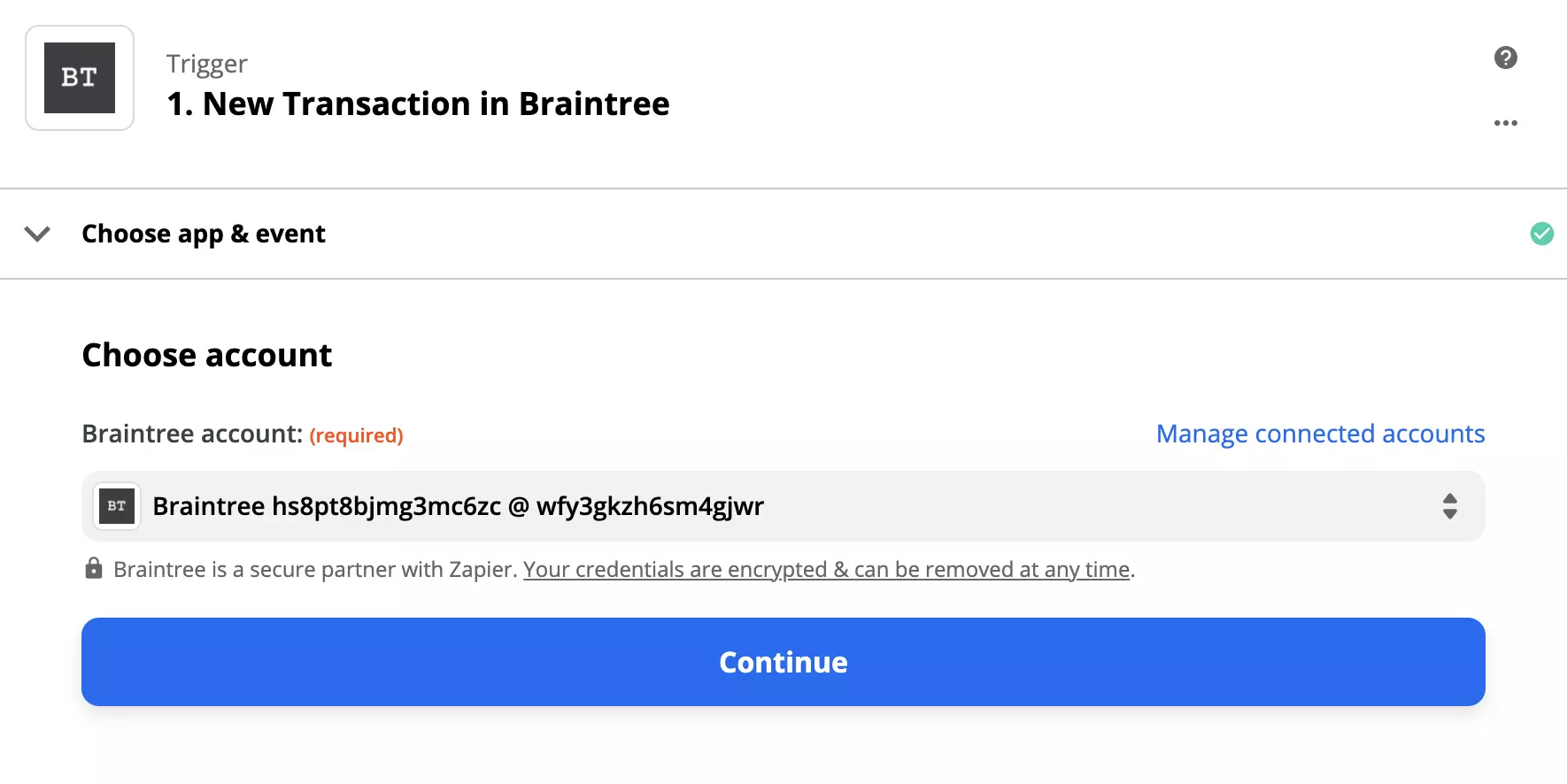 Braintree-utlösarkonfiguration på Zapier