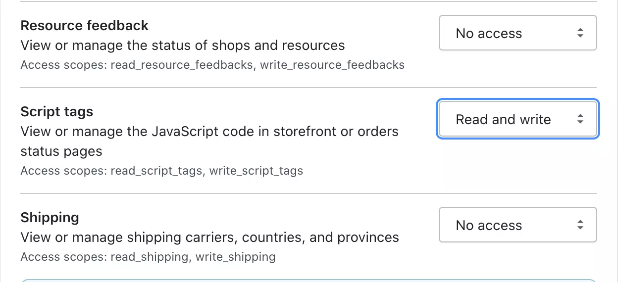Change Script tags permissions to Read and write in Shopify