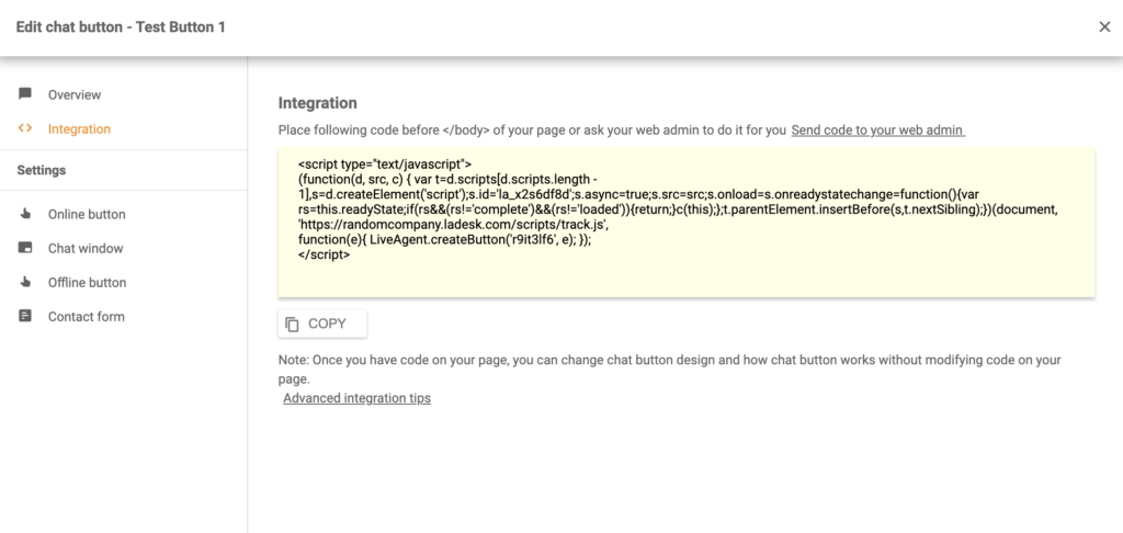 En chattknappskod genererad i LiveAgent