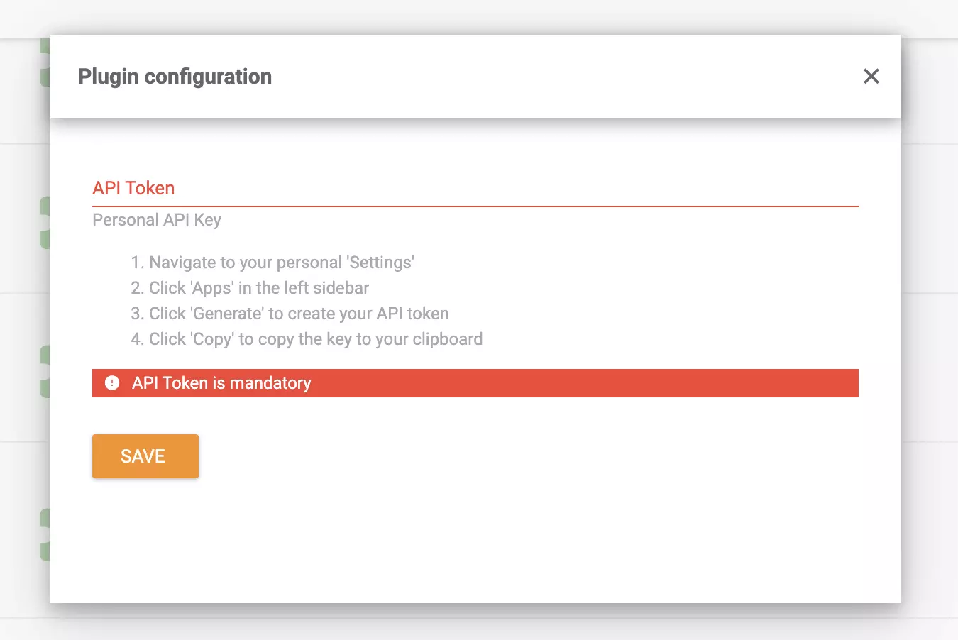 ClickUp plugin-konfiguration med API Token-fält