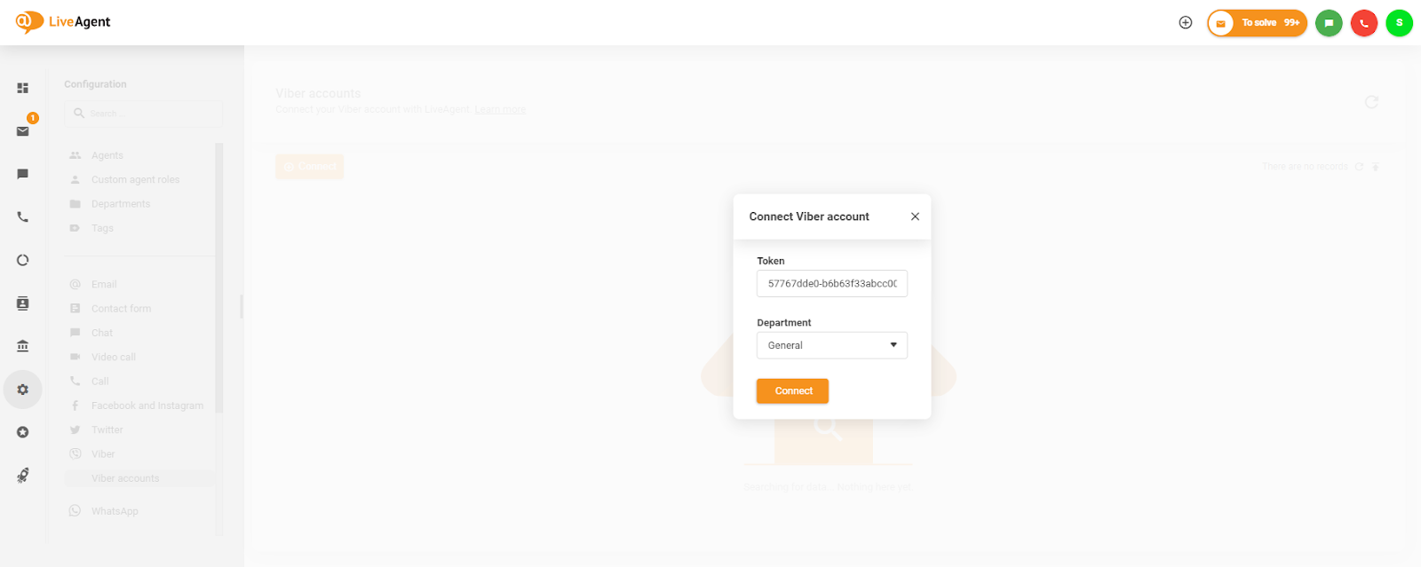 Placera token i fönstret Anslut Viber-konto