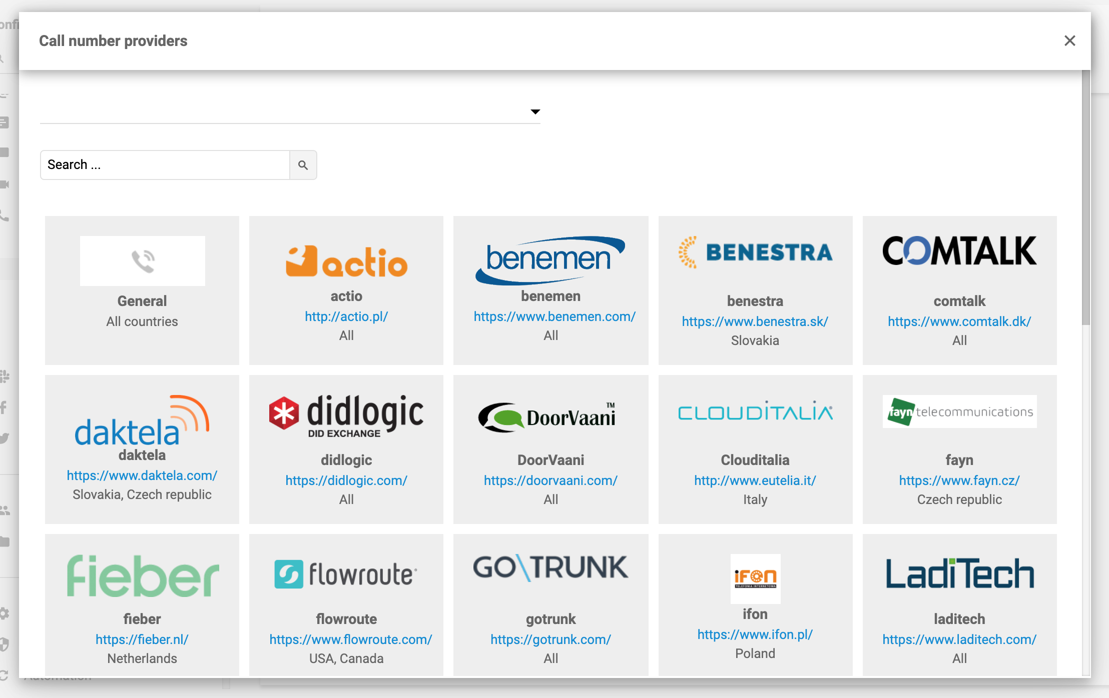 LiveAgent samtalsnummerleverantörer
