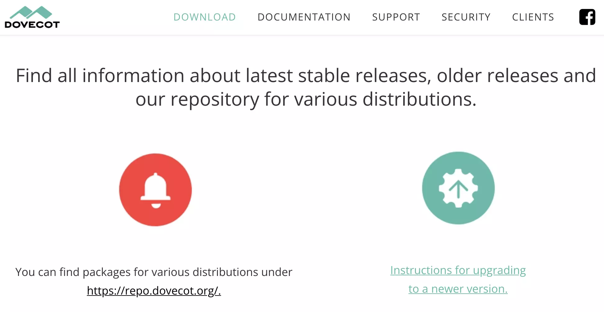 Dovecot-webbplats med tillgängliga nedladdningar av den senaste versionen