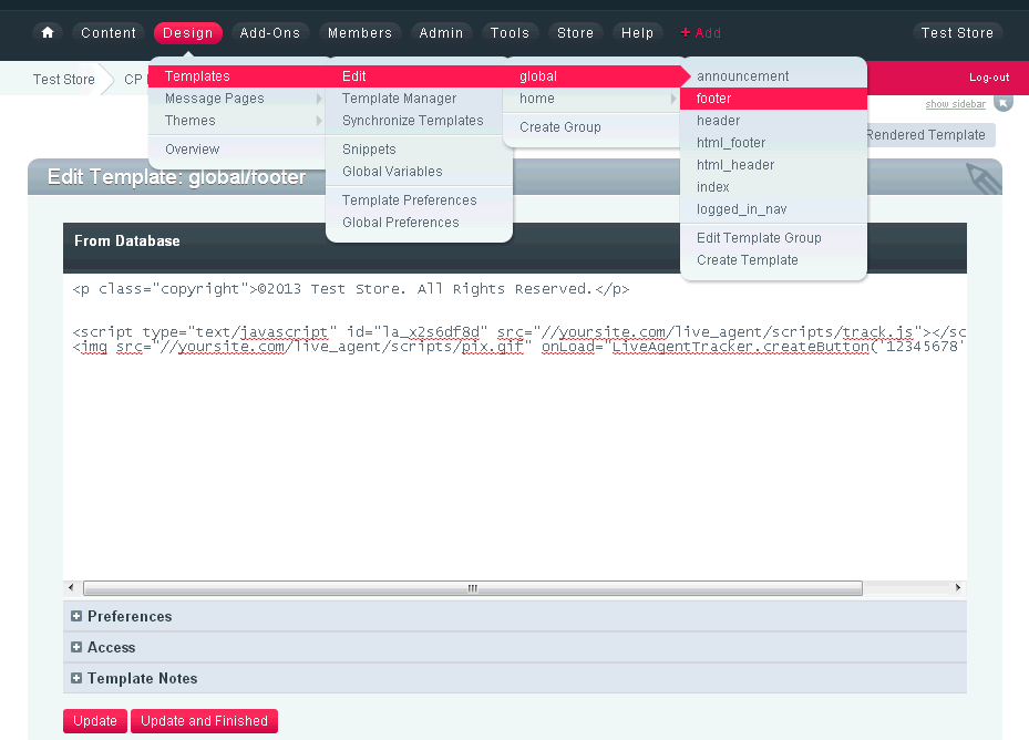 ExpressionEngine webbplatskod med LiveAgent chatt-knappkod
