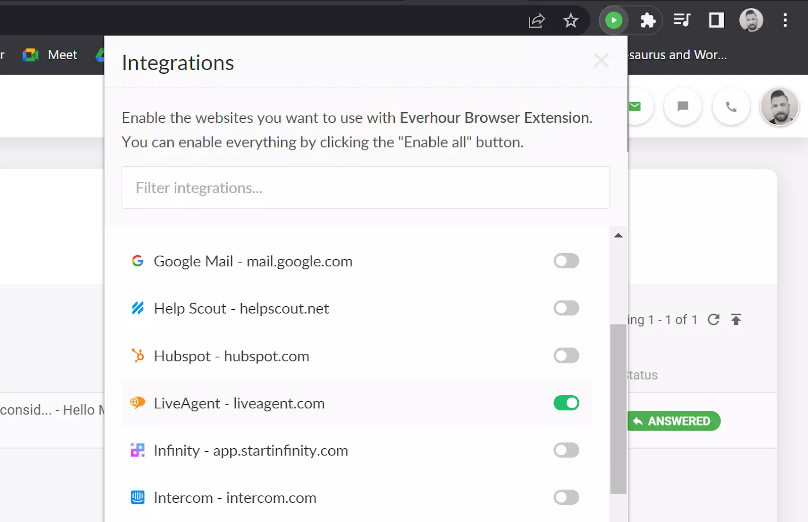 Everhour - aktivera LiveAgent-integration