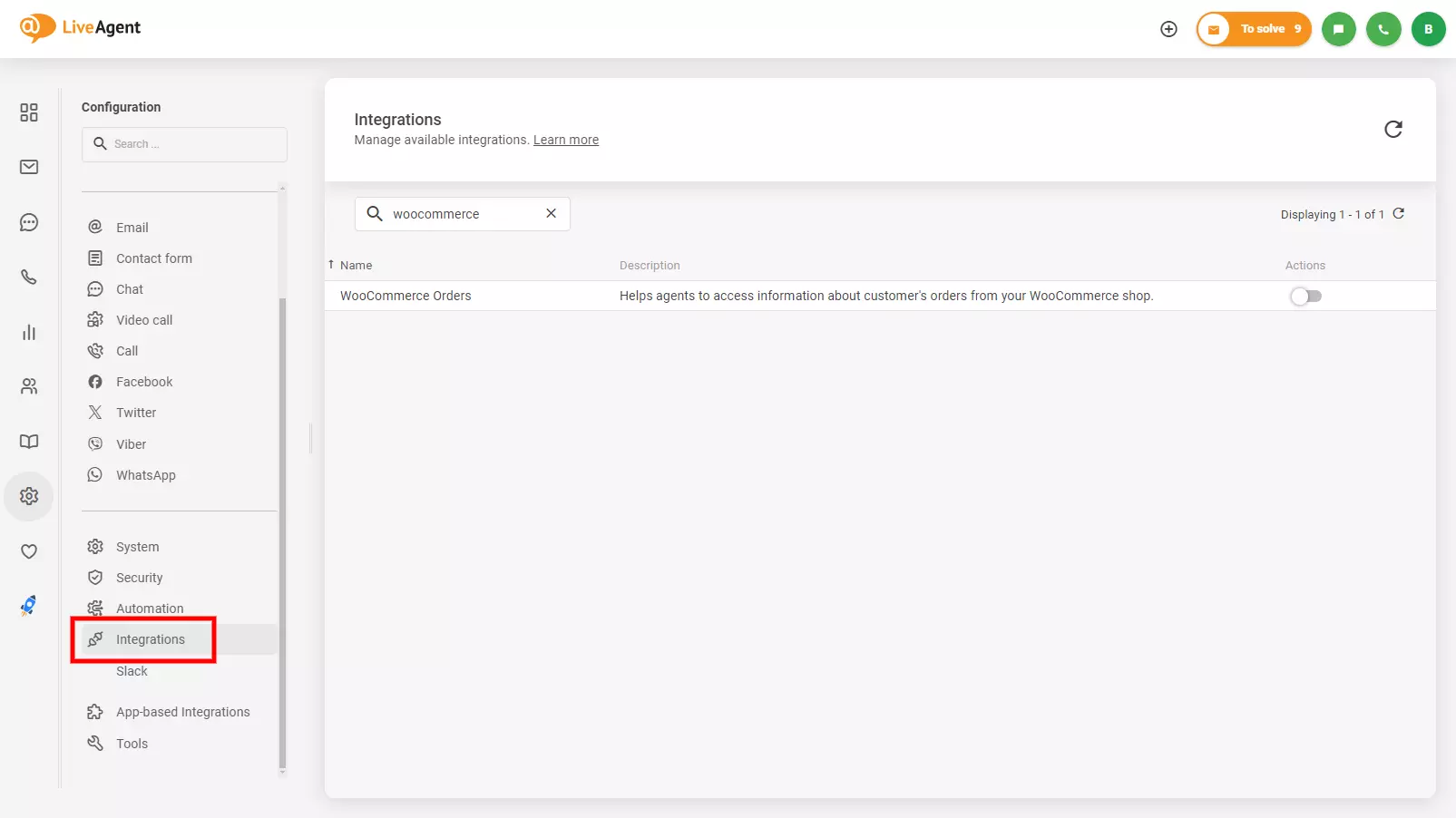 Bild som visar var man hittar WooCommerce-integration i LiveAgent