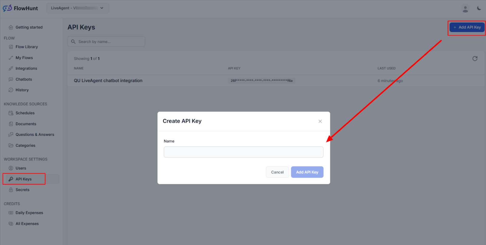 Skapa en API-nyckel för integration av FlowHunt-arbetsytan med LiveAgent