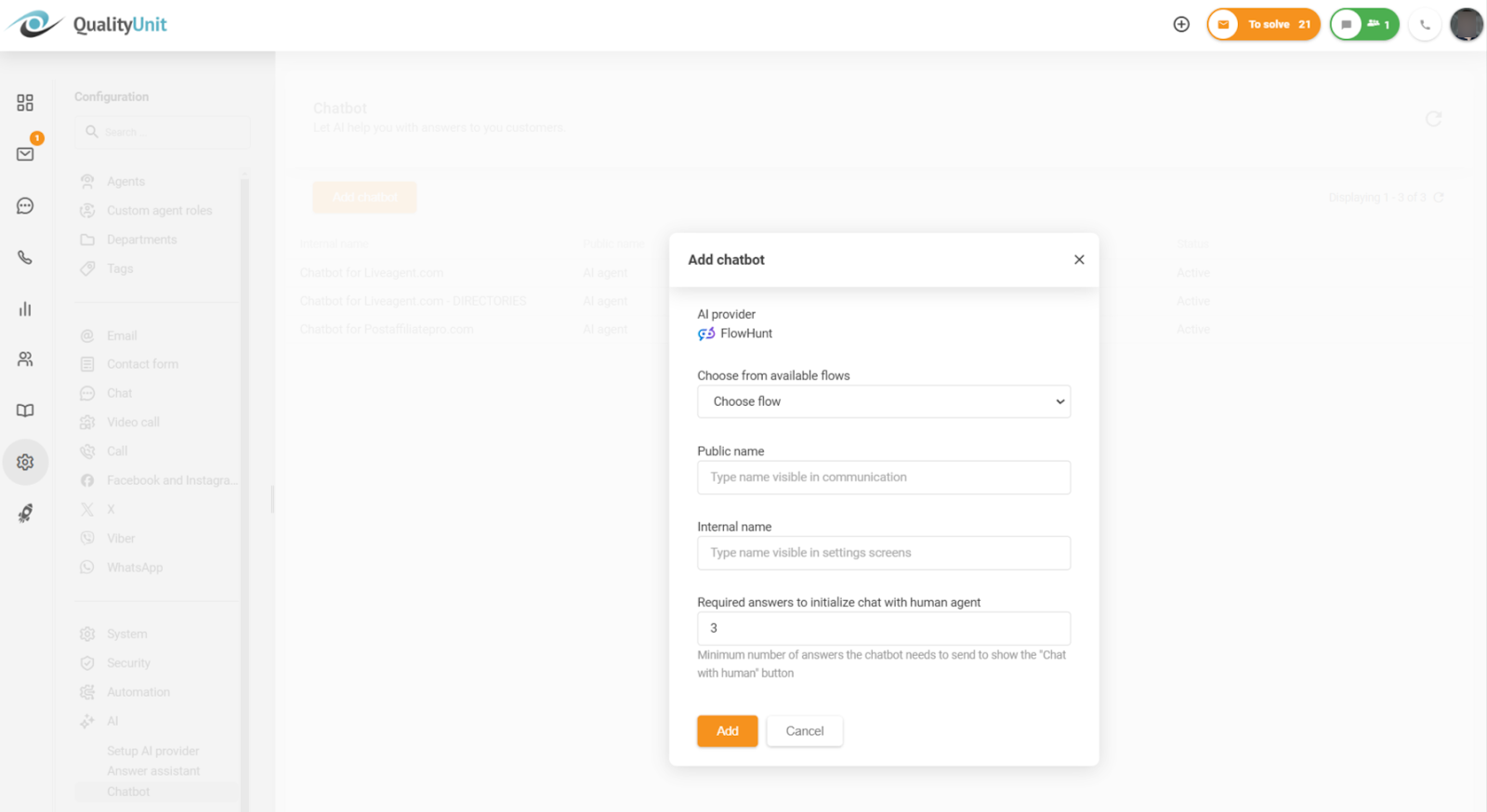 Konfigurera det minsta antalet obligatoriska svar innan möjligheten att chatta med en människa aktiveras