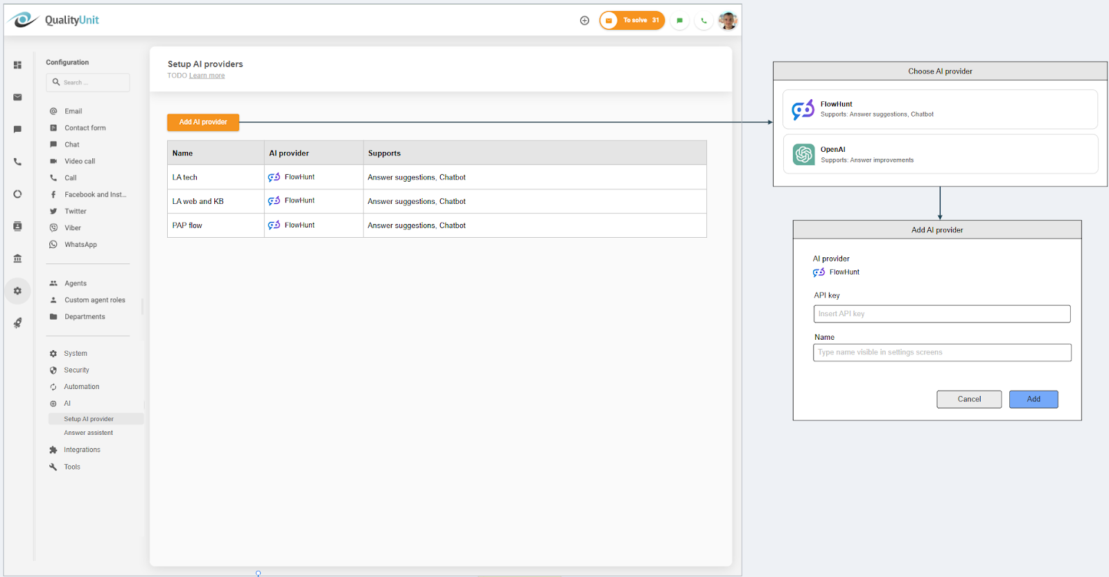 Ansluta LiveAgent AI-leverantör