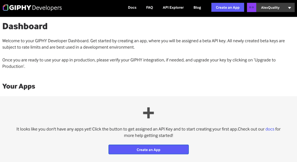 Giphy-instrumentpanel med alternativ för att skapa app för att generera en API-nyckel