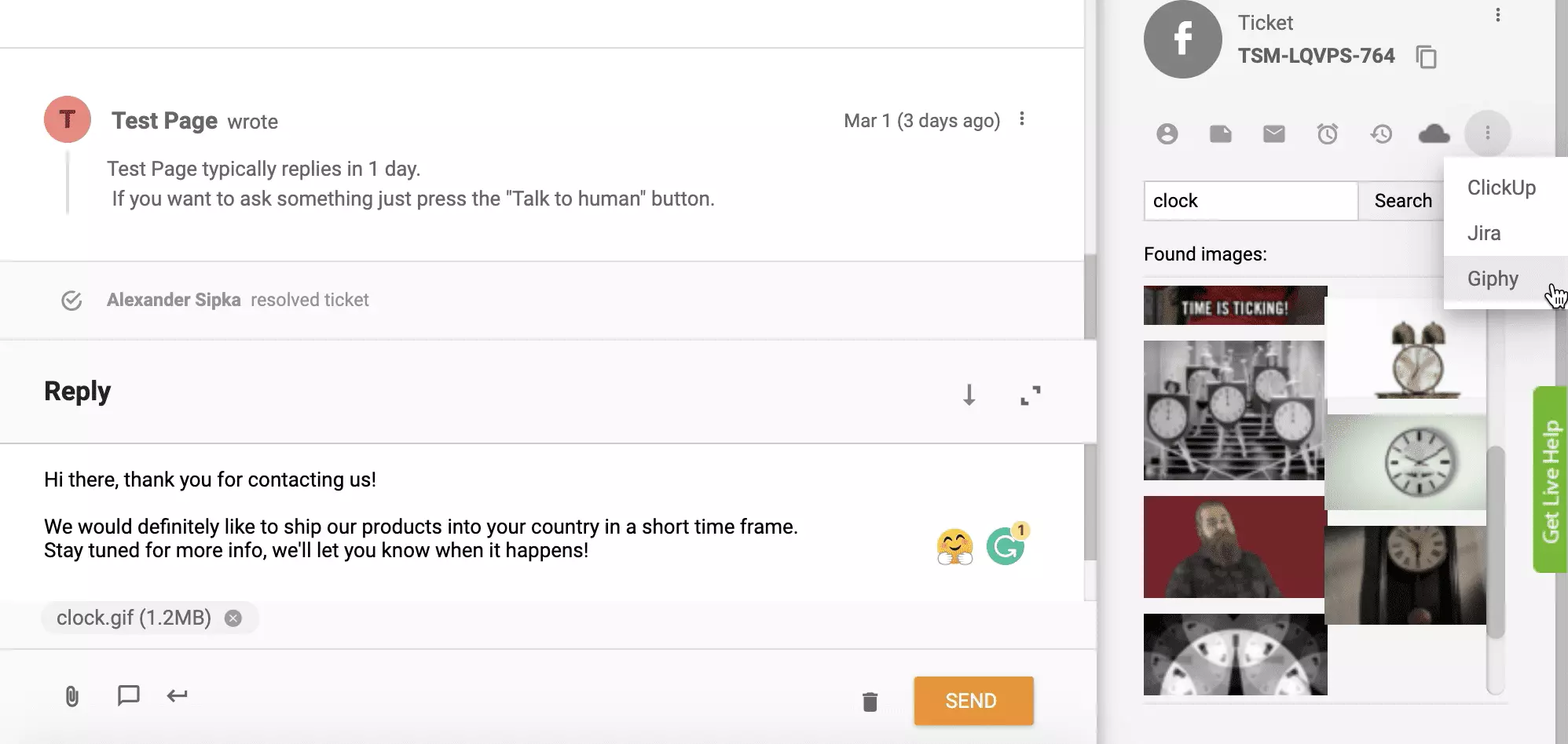 Giphy-integration aktiverad och fungerar i LiveAgent-ärendesystem