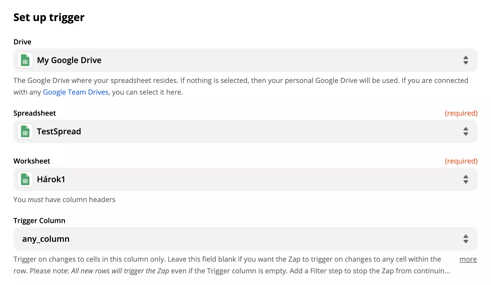 Google Sheets trigger-konfigurationsalternativ och fält